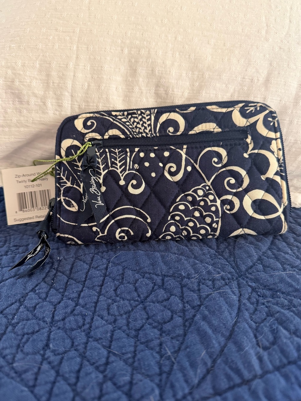 Vera Bradley Zip Around Wallet in Twirly Birds Navy pattern.
